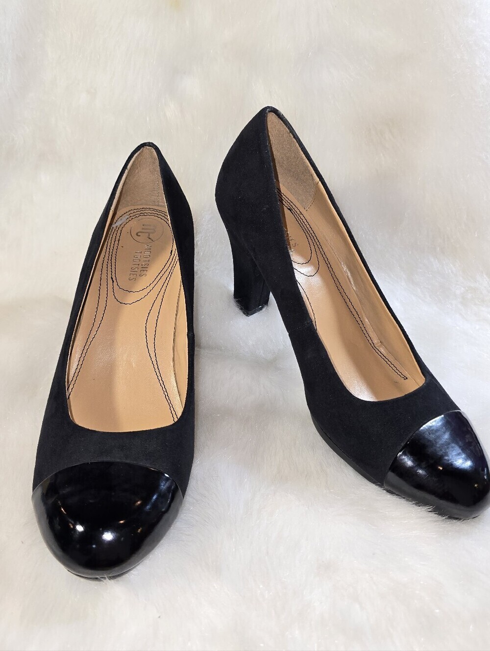 Mootie's Tootsies "Moangie" Black Faux Suede & Patent Cap-Toe Pumps for Women